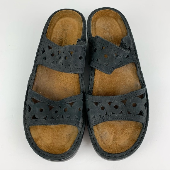 NAOT Black Suede Double Strap Filigree Lasercut Slip On Slide Sandals 40 - Picture 4 of 14